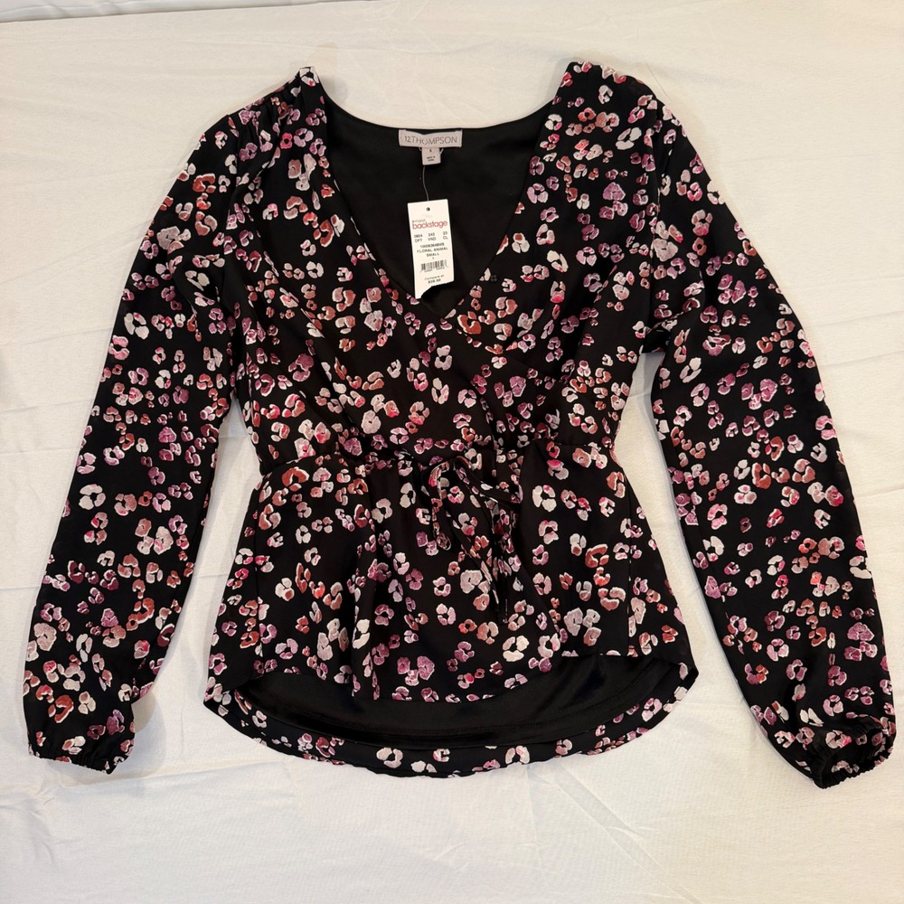 12THOMPSON Womens Floral Animal Print Wrap Blouse Pink Black Long Sleeve Small